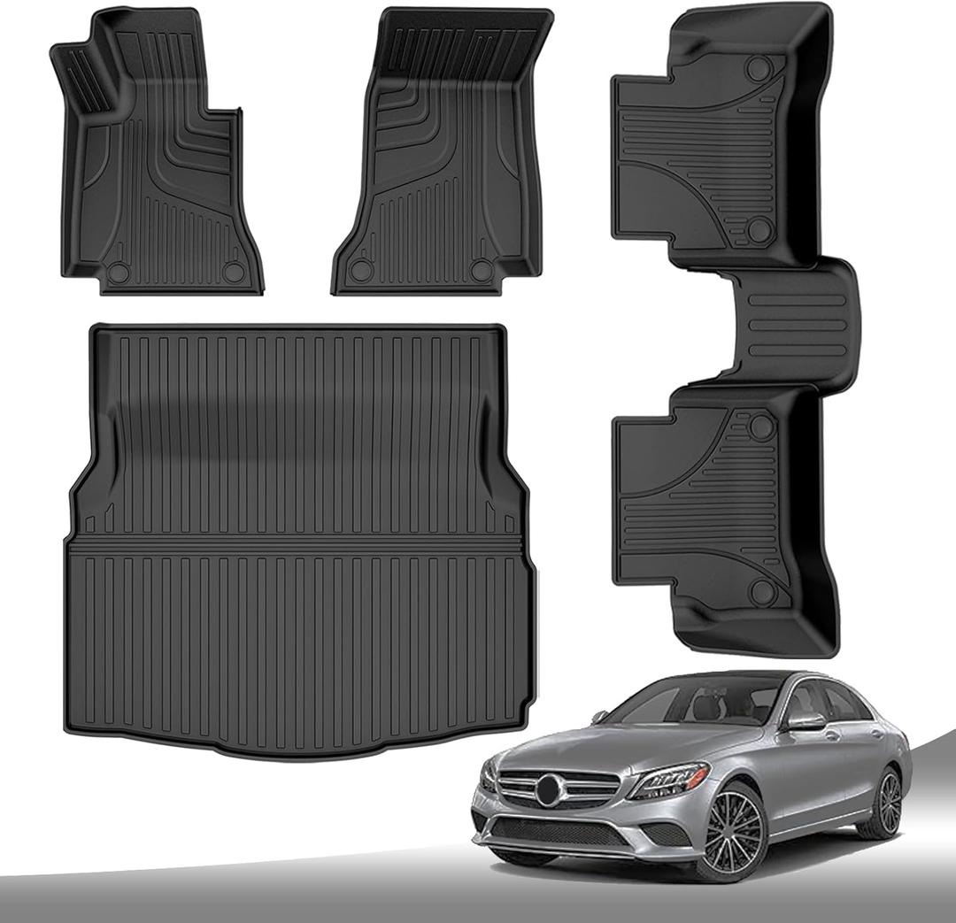 All Weather Floor Mats Compatible with Mercedes-Benz C Class Sedan C300 2015-2021, AOMSAZTO Custom Fit Rubber Cargo Mat 1st and 2nd Row Floor Liners & Trunk Mat Black (Only for Sedan)