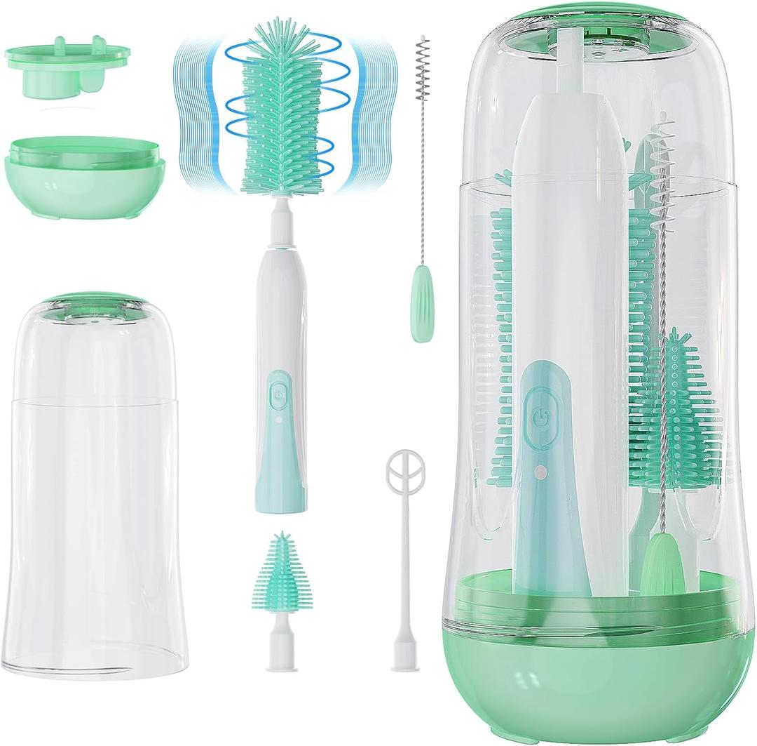 VSTM Electric Travel Baby Bottle Brush Set, Electric Bottle Cleaner, Silicone Water Bottle Brush, Nipple & Straw Brush, Milk Frother and Drying Drainage Rack (Green)