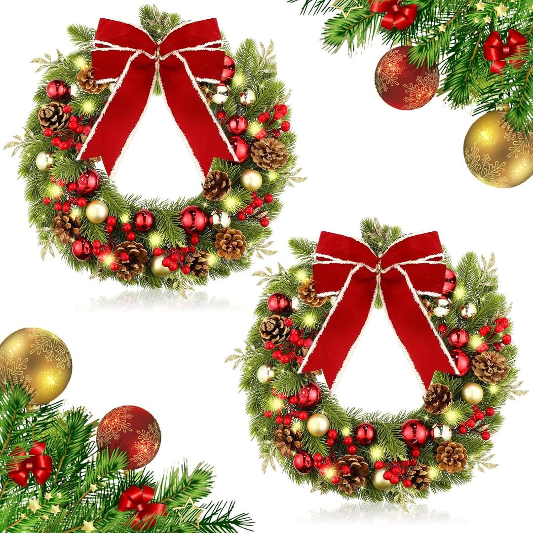 Unittype 2 Pcs 14 Inch Lighted Christmas Wreaths for Front Door with Red Bow, Balls & Berries, Christmas Wreath with Lights Decorations for Indoor Outdoor Fireplace Mantle Wall Window Xmas Decor