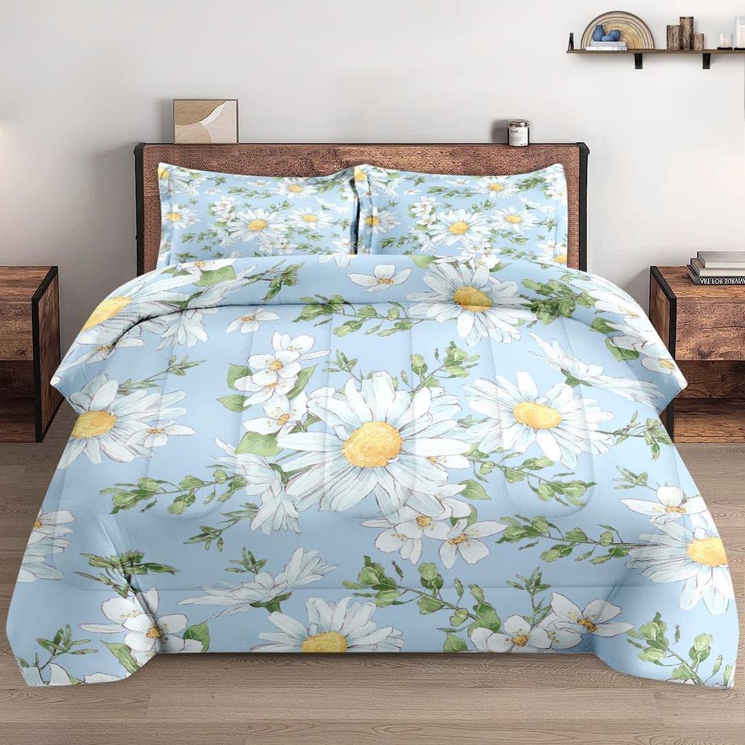 Twin Size Comforter Set with Pillowcase, Wildflower Daisy Flower Floral Soft 2 Pcs Bedding for Kids and Adults Bedroom Bed Decor (Multi 15)