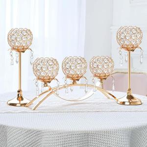 Kehail Set of 3 Gold Crystal Tea Light Candlestick Holders Flower Shape with Crystal Pendant Bowl Votive Metal Candle Holder for Table Centerpieces Wedding Home Decor (Set of 3, Gold)