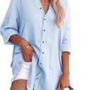 siliteelon Women's Button Down Tunic with Pockets Cotton Gauze Button Up Shirt Dress V Neck Long Sleeve Frayed Blouse Tops (Large, Light Blue)