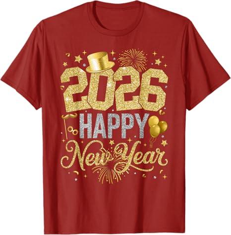 Happy New Year Party 2026 Ballon Family Matching Men Women T-Shirt, Red, size 2XL