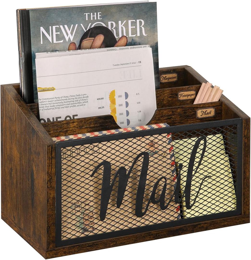 YINMIT Mail Organizer Countertop, Mail Holder, Mail Sorter for Desk, Desktop Mail Basket, Mail Organizer Wall Mounted, Office Desk Organizers and Accessories for File Paper Folder (3-Slot & no drawer, Rustic Brown - Style A)