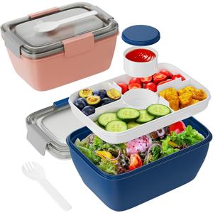 Freshmage Large Salad Container for Lunch, 2 Packs 68oz Salad Bowls with 5 Compartments, Salad Dressings Container for Salad Toppings, Snacks, Men, Women (Pink+Blue)