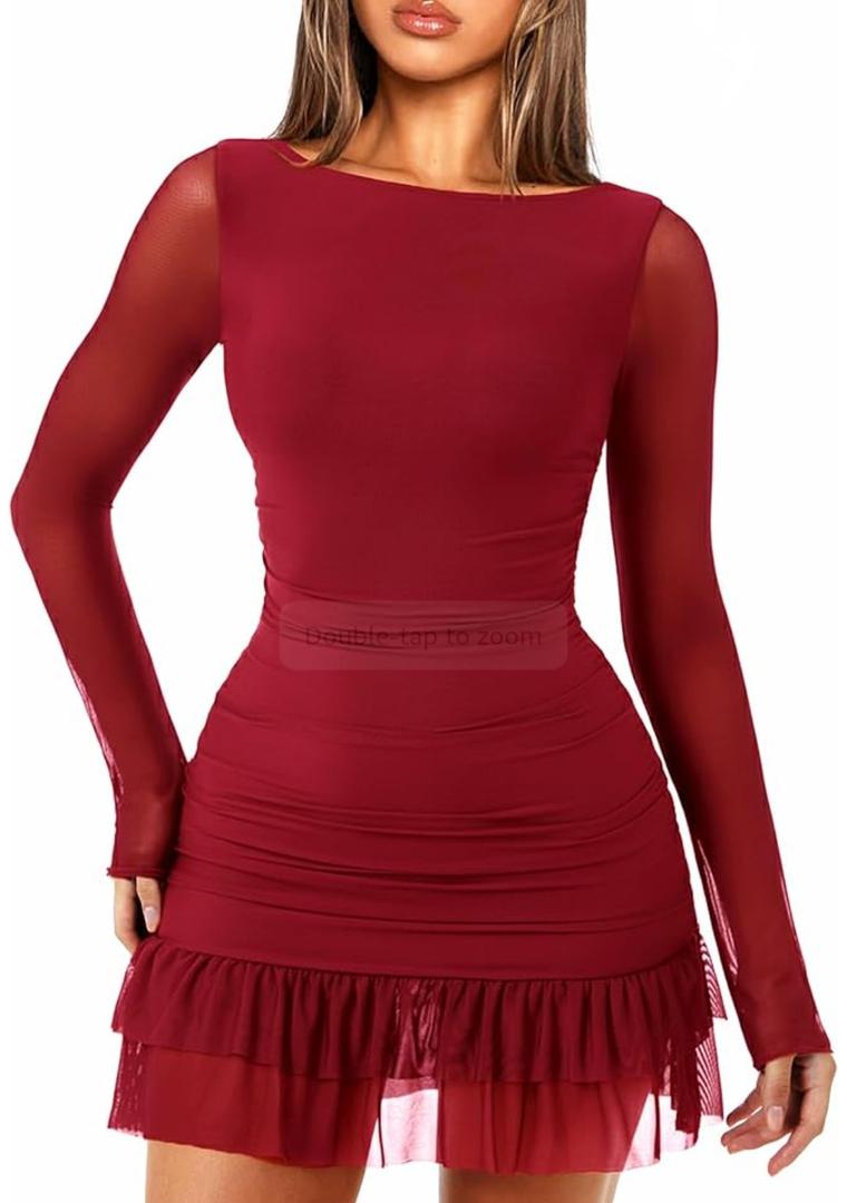 OZICERD Women Boat Neck Bodycon Mini Dresses Long Sleeve Going Out Dress Ruffle Mesh Short Elegant Club Cocktail Party Dress M