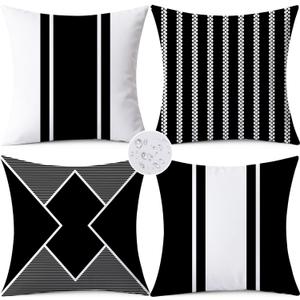 Outdoor Waterproof Throw Pillow Covers 18x18 Set of 4 Black Modern Geometry Decorative Cushion Cases for Patio Furniture Garden Porch Bench Couch Sunbrella