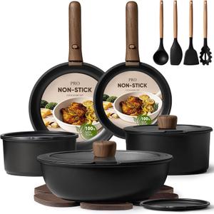 CAROTE 19pcs Pots and Pans Non Stick, Cookware Sets Detachable Handle, Induction Kitchen Pots and Pans,NonStick Cooking Set, Oven/Dishwasher/Fridge Safe, Space Saving, Mothers Day Gifts, Black