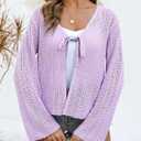 2 x Saodimallsu Womens Summer Crochet Lightweight Cardigans Tie Front Mesh Knit Long Sleeve Casual V Neck Beach Cover Ups (Pink, L)