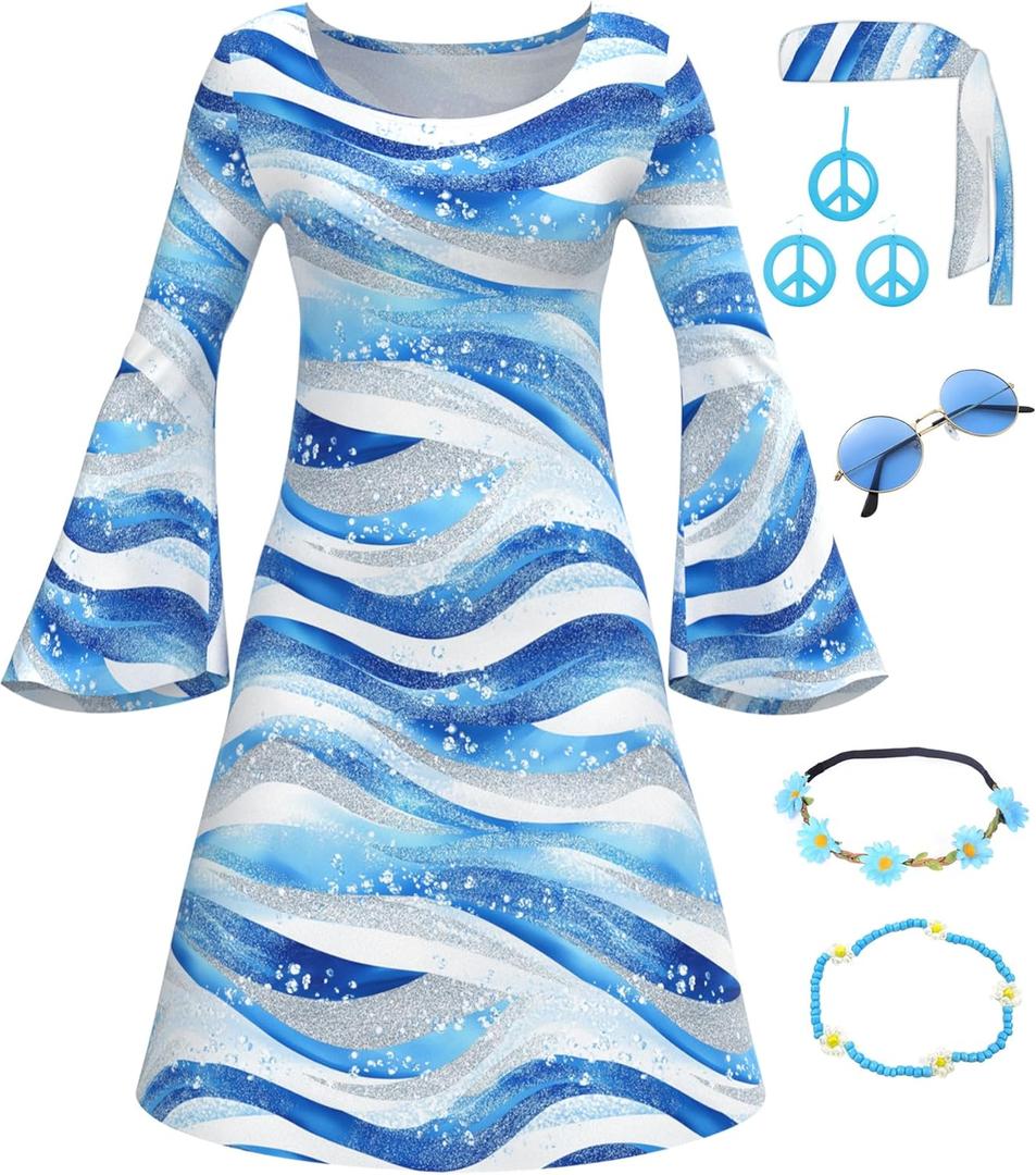 6070s Disco Outfit for Women Print Dress Psychedelic Hippie Costume Set for Halloween Party Cosplay (Medium, Blue Silver Wave)