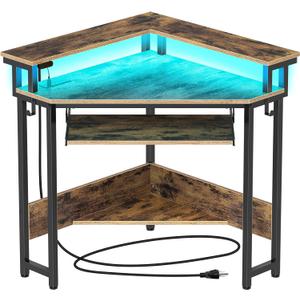 Rolanstar Corner Desk, 44.5" W x 34.5" H Small Computer Desk with Power Outlets, Gaming Desk with LED Lights, Triangle Corner Desk with Keyboard Tray & Monitor Stand for Small Space, Rustic Brown