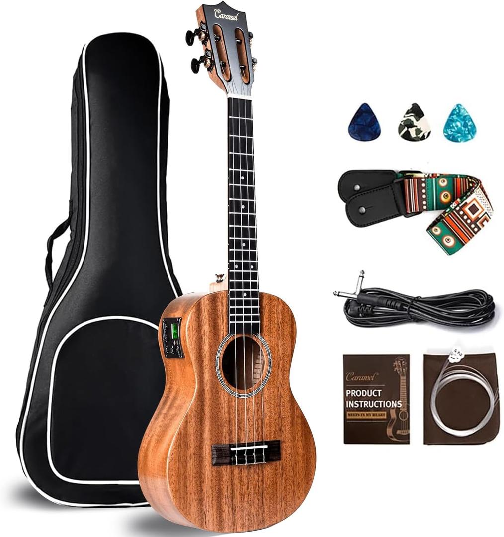 26 inch Caramel CT402 All Solid Mahogany Tenor Ukulele LCD color display Electric Uke Beginners Guitar Starter Pack Bundle Gig bag Strap Ukelele Set (All Solid Mahogany Electric Tenor)