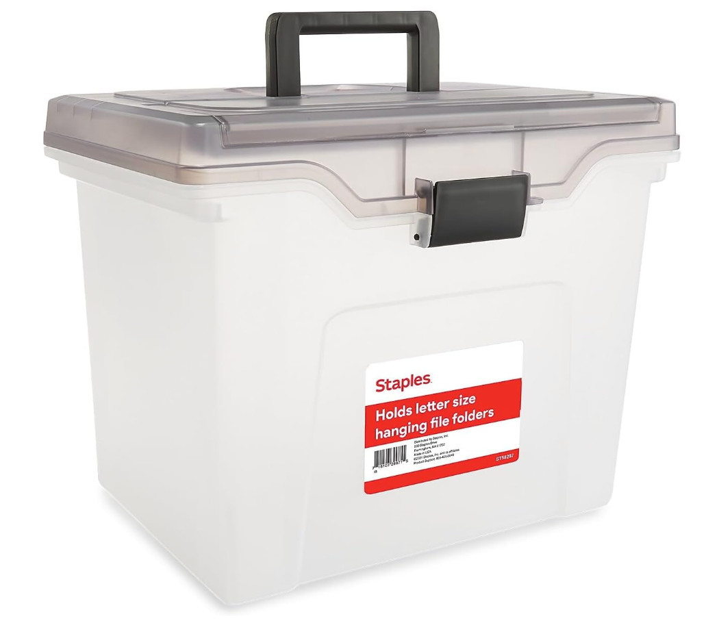 Staples File Box Portable Storage Tote, Letter Size, Clear Plastic