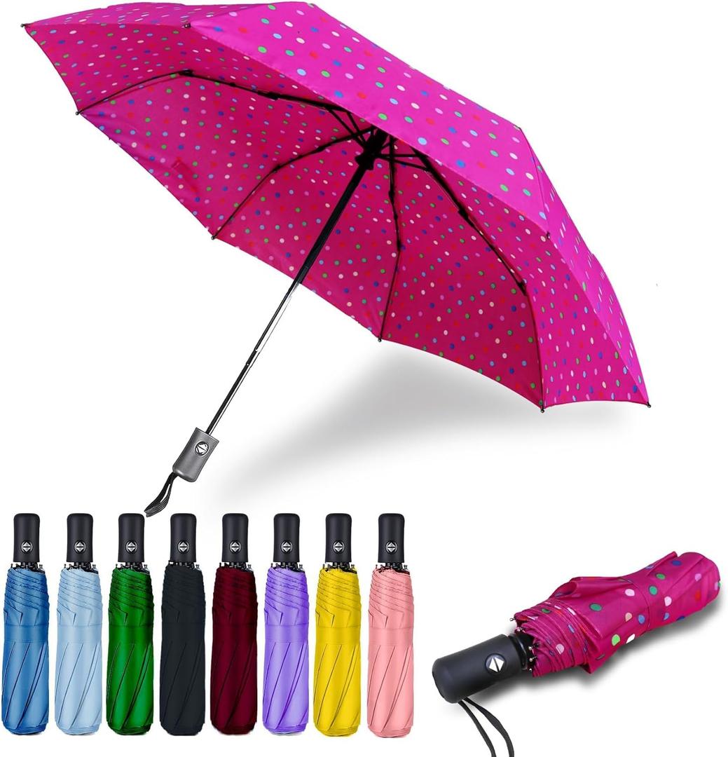 MRTLLOA 42 Inch Compact Windproof Travel Umbrella for Rain, Lightweight, Portable, Automatic, Strong, Waterproof Folding Small Umbrellas for Women & Teenagers(Magenta Dots)