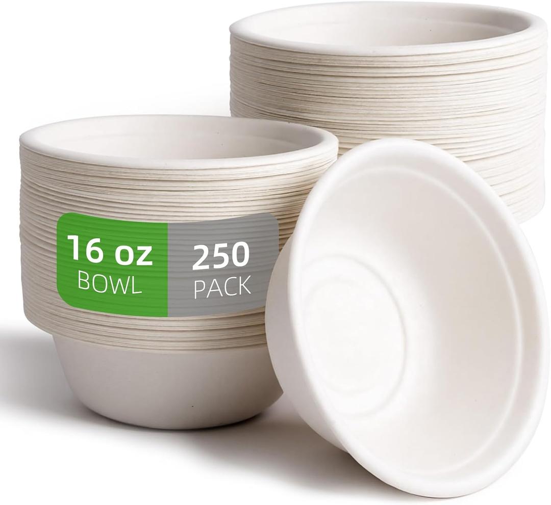 Disposable Paper Bowls-16oz for Hot Soup, 250 Pack Eco-Friendly, Compostable Bagasse Disposable Heavy Duty Biodegradable Bowls Bulk for Hot and Cold Food, Salad, Milk Cereals (White)