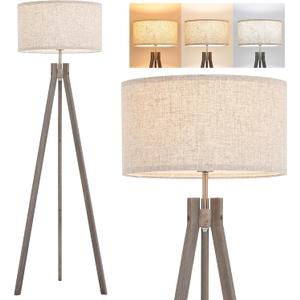 ELYONA Farmhouse Wood Tripod Floor Lamp, Modern Reading Standing Lamp with 3 Color Temperatures LED Blub & Nature Linen Shade, Night Light for Living Room, Bedroom, Study Room, Office, Grey