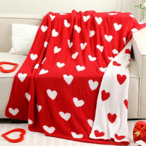 Canchiing Valentine's Day Knitted Throw Blanket 50 x 60 Inch Double Sided Reversible Red Heart Blanket Red and White Love Decor Fluffy Microfiber for Wedding Anniversary Party Gift Bed Sofa Chair
