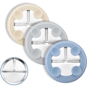 Bakpoco Stainless Steel Suction Plates for Toddlers, 8" Divided Kids Baby Plates with Removable Silicone Suction, Non Toxic Non Slip Portion Control Snack Dishes 3 Packs, Blue Gray Beige