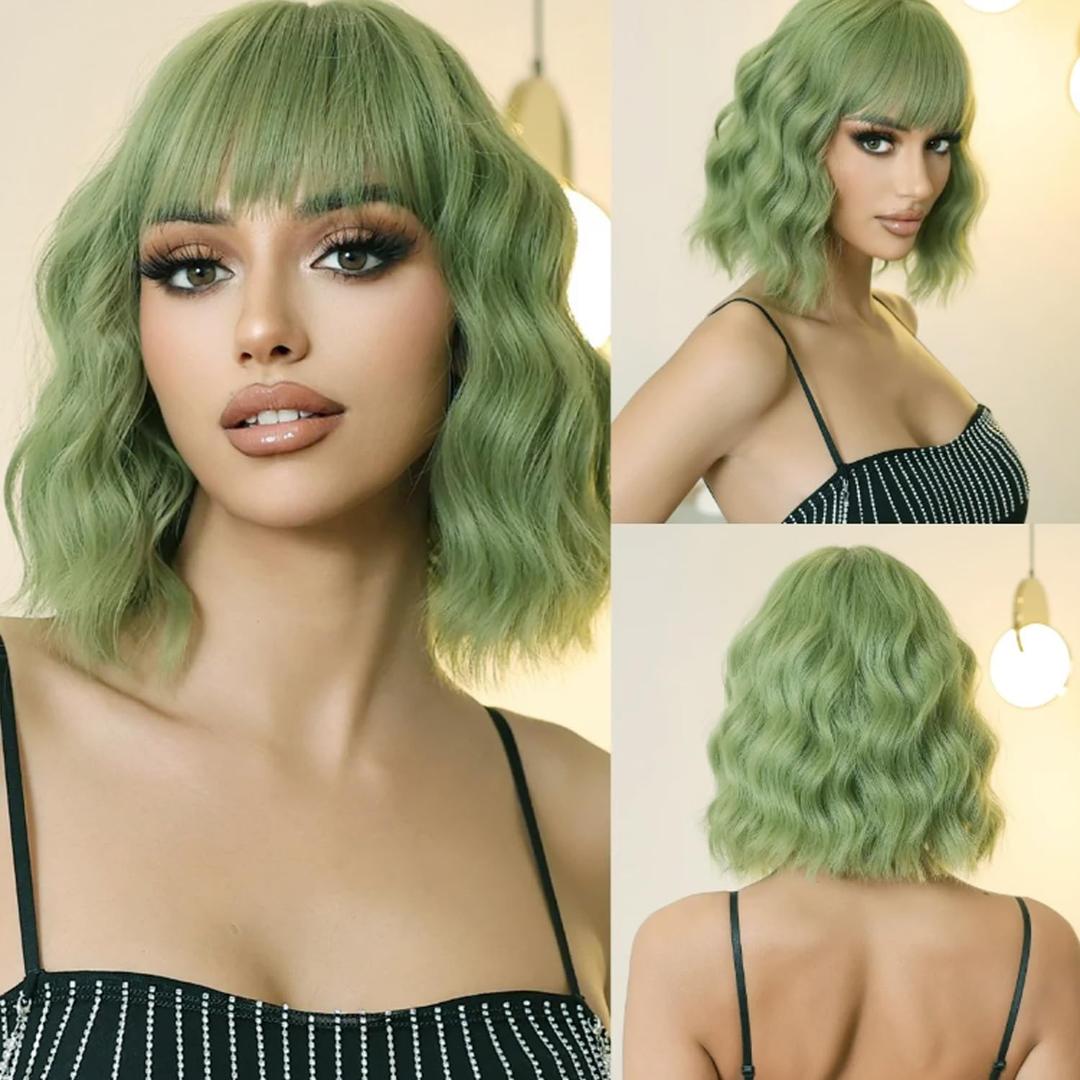 Incohair Green Wig with Bangs - Short Curly Wavy Bob Synthetic Party Wig - Matcha Green, Cap Included