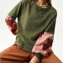 BEAUDRM Women's Oversized Sweatshirt Boho Tops Patchwork Crewneck Sweatshirt Floral Long Sleeve Pullover Tops (L)