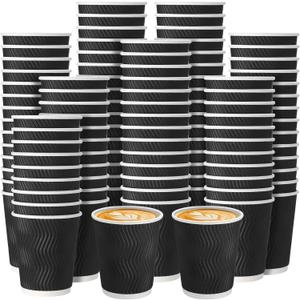 200 Pack 8 oz Disposable Coffee Cups Black Insulated Corrugated Paper Coffee Cups with Ripple Wall Design Suitable for Hot or Cold Drinks Cafe Restaurant Office Home Party Picnic BBQ