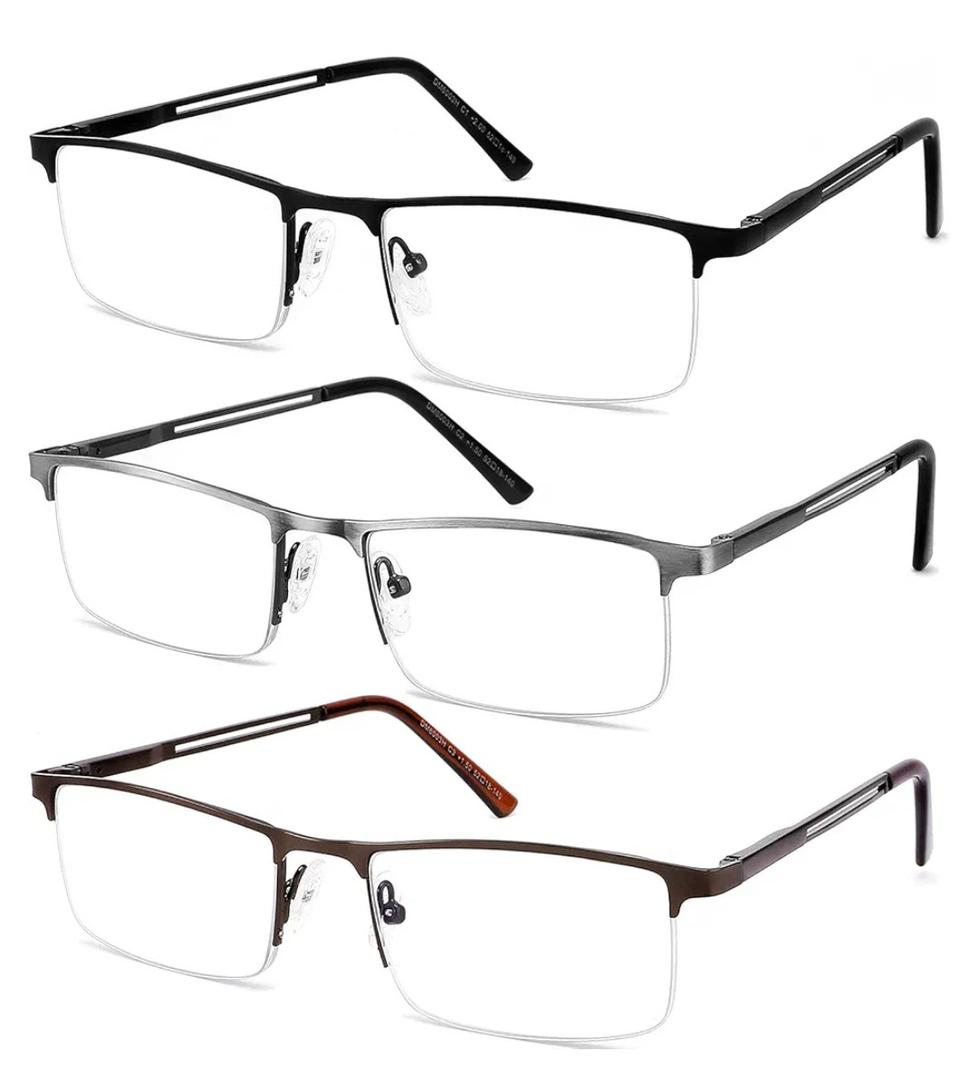 3 Pack Reading Glasses for Men Blue Light Blocking, Lightweight Metal Rectangle Semi Rimless Readers for Men, Anti Eyestrain/UV, Half Frame Spring Hinge Eyeglasses with Pouches, Magnification Strength: 1.25 x