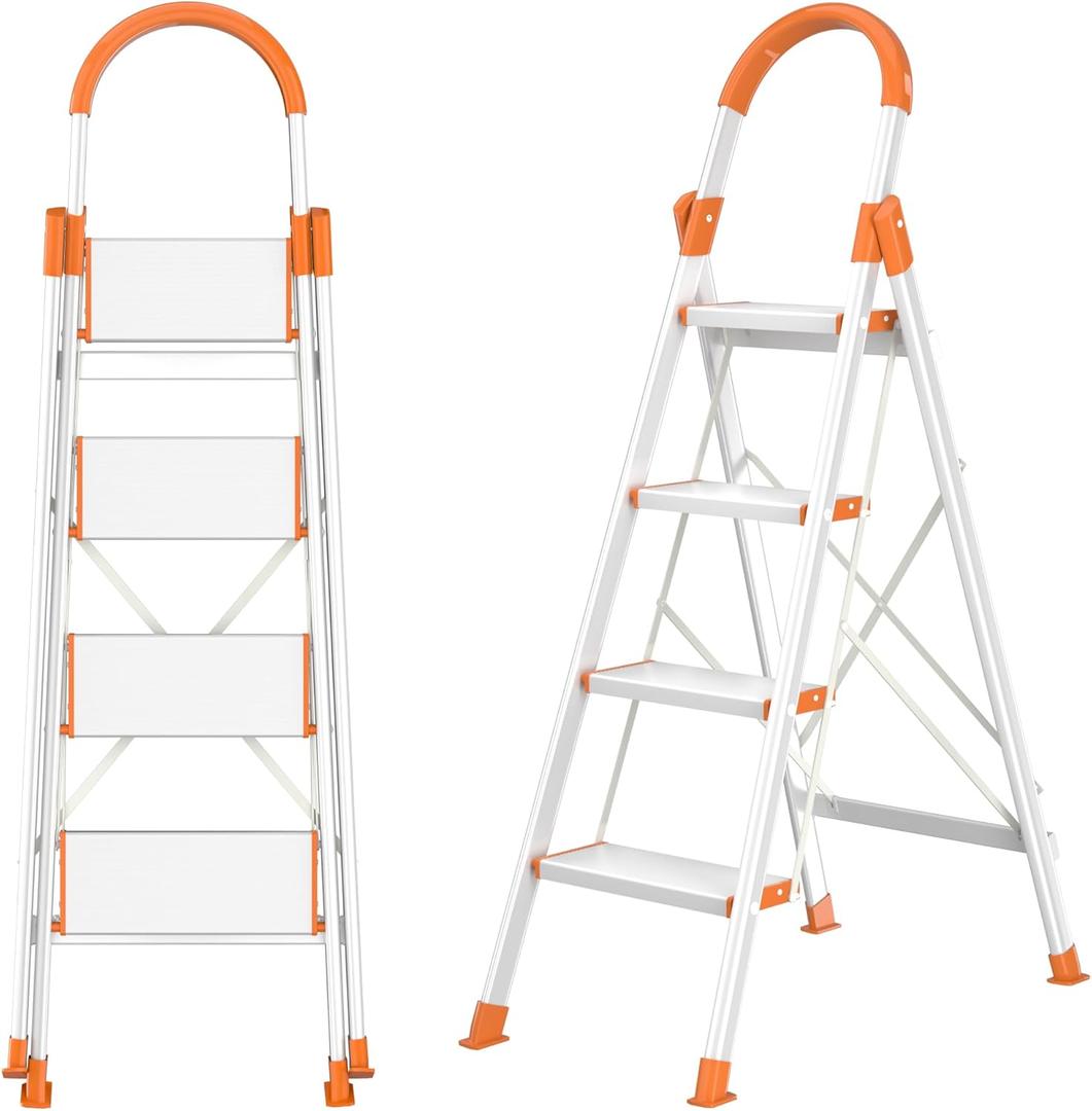 4 Step Aluminum Ladder, Lightweight and Anti-Slip Aluminum Step Ladder, Collapsible Folding Step Stool, Step Ladder 4 Step Folding for Kitchen Warehouse Home Indoor/Outdoor Use (Orange & Silver)