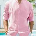 Alimens & Gentle Men's Cotton Linen Shirts Long Sleeve Button Down Shirt Band Collar Beach Shirts (Pink, M)