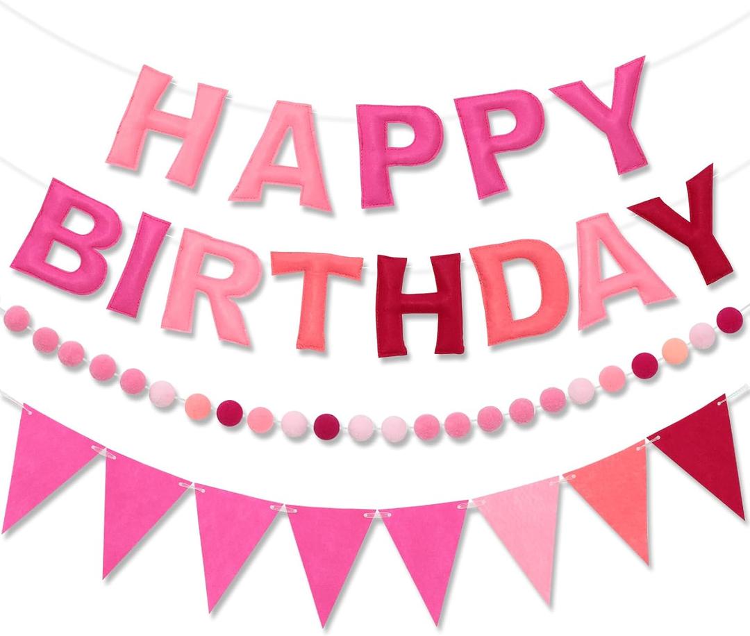Pre-Strung Happy Birthday Banner & Felt Garland Set - Ombre Pink Birthday Decorations for Women Girls | Reusable Party Supplies for Indoor & Outdoor