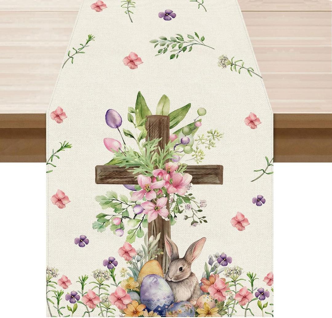XCHI Watercolor Bunny Cross Colorful Eggs Flowers Leaves Rabbits Easter Table Runner Table Decoration for Party Home Kitchen Dining Holiday Decor 13x36 Inch