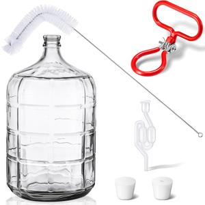 Suzile 5 Gallon Glass Carboy Set, 5 Gallon Glass Water Jug with Drilled & Undrilled Rubber Stoppers, Bubble Airlock, Handle and Brush, Fermenter Carboy Jug for Beer Wine Making Equipment (Clear)