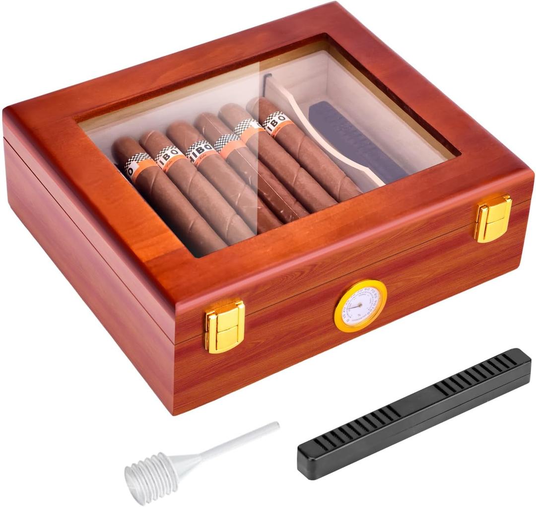 Desktop Cigar Humidor Box, Glass Top Cigar humidor with Hygrometer, Humidifier and Divider, Spanish Cedar Humidor, Wooden Cigar Box Holds 20-30 Cigars, Humidor Cigar Box for Men Gifts