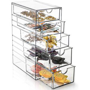 Clear Hair Accessory Organizer Box, Plastic Hair Tie Organizer Storage Box with 5 Drawers, Hair Accessories Container Makeup Organizer Jewelry Holder for Bathroom, Closet Desk, Office
