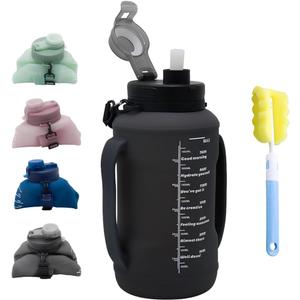 64oz Foldable Silicone Water Bottle with Straw, BPA-Free Motivational Time Marker, Leakproof Collapsible Water Jug with Handle for Gym, Sports, Camping & Outdoor Activities (Black)
