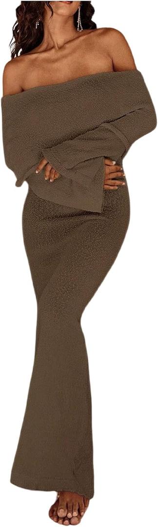 SOLY HUX Women's Off The Shoulder Long Sleeve Sweater Dress Party Formal Bodycon Maxi Dresses (Large, Plain Brown)
