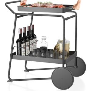 Outdoor Grill Cart with Extra-Large Wheel, Removable Tray & Ergonomic Handle, Double-Shelf Grill Stand, Indoor and Outdoor Pizza Oven Table for Garden Patio BBQ Kitchen Food Prep Table Cart for Party