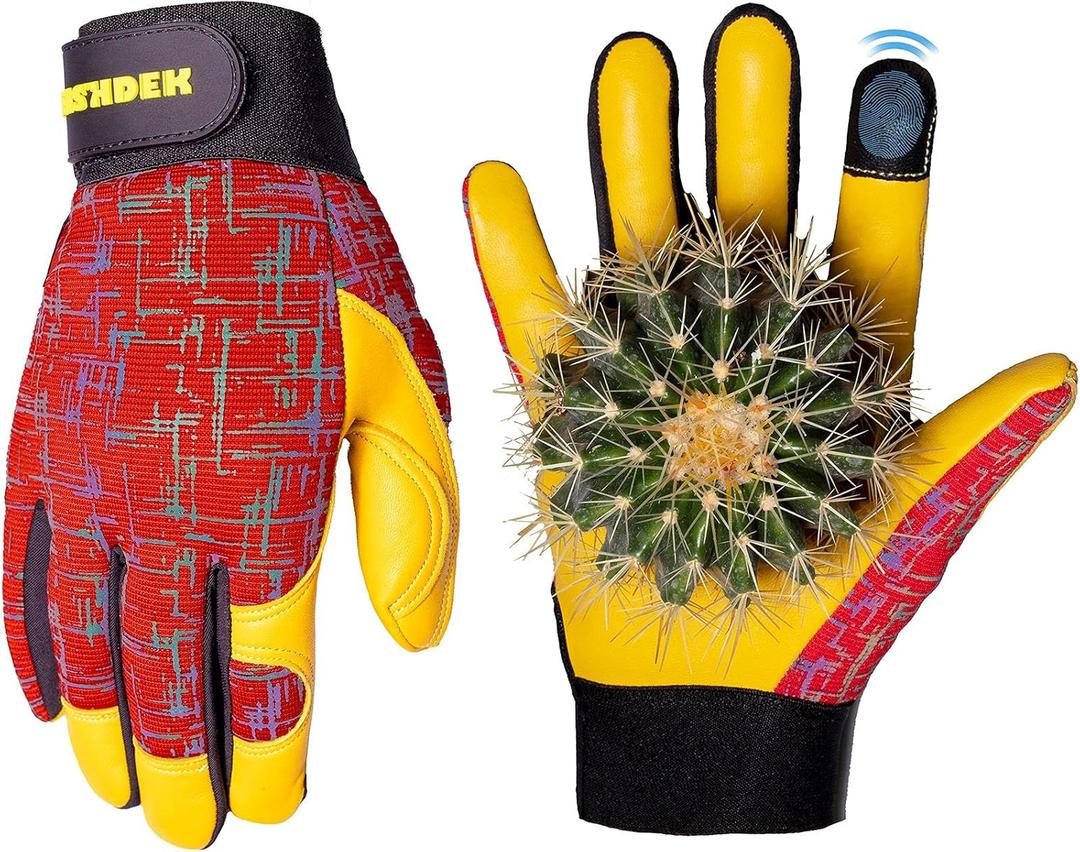 Gardening Gloves for Women and Men, Touchscreen Sheepskin Leather Garden Work Glove for Flex Breathable Yard Working (Medium (Pack of 1), Red)