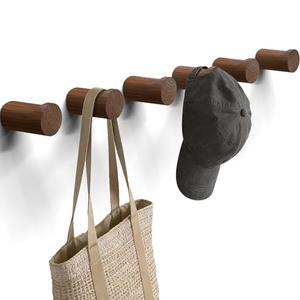 READAEER Walnut Wood Wall Hook 6 Pack, Natural Wooden Coat Hooks Wall Mounted, Hat Hooks Heavy Duty Entryway Wall Hangers for Hanging Towels, Clothes and Bags