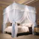 VETHIN 4 Corners Post Ruffle Princess Bed Canopy Curtain-Double Layer Cozy Drape Netting 4 Opening Mosquito Net for Girls Adults Bedroom Decoration (Gray/White, 53" W*78" L*82"*H/(Full))