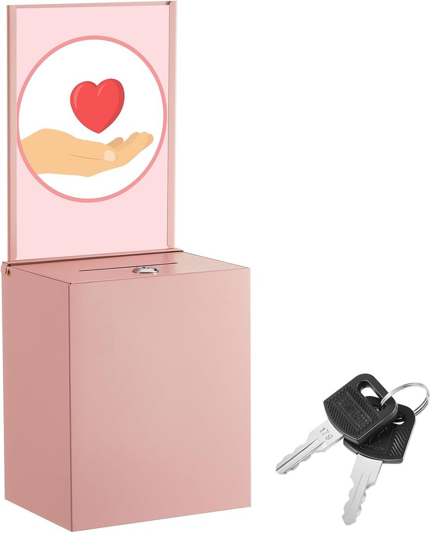Metal Donation Box with Lock 6.7 x 5 x 8 Inch Safe Ballot Suggestion Box with Sign Holder and Slot Tip Jar Voting Collection Raffle Mailbox for Voting Fundraising Collection (Pink)