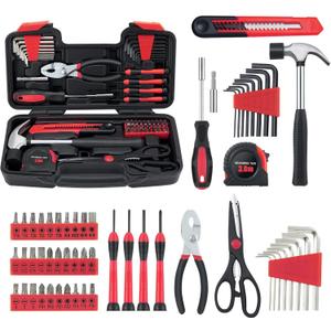 58 Piece Household Tool Set, General Household Hand Tool Kit with Plastic Toolbox Storage Case, All Purpose Household Tool Kit for Home, Garage, Office and College Dormitory Use, Red