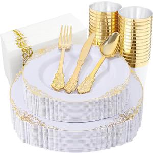 Nervure 175PCS White and Gold Plastic Plates  Disposable Dinnerware Set Include 50 Gold Plates for Dinner and Dessert, 75 Cutlery, 25Cups 25Napkins for Wedding & Party & Thanksgiving