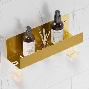 Shower Caddy, 12" Bathroom Shelf Organizer with 2 Hooks, SUS304 Stainless Steel Floating Shelves with Large Capacity, Rustproof Rack for Inside Shower, Brushed Golden