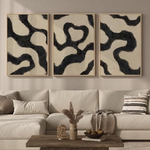 Framed Neutral Abstract Wall Art for Living Room, 3 Piece Black and Beige Mid Century Modern Painting Print, Large Line Canvas Artwork for Dining Room Bedroom Hallway Office Walls Decor, 24x36 Inch, 24" W x 36" H x 3Pcs