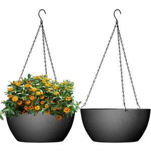 WSMKSZ 10 inch Hanging Planters for Outdoor Indoor Plants with Drainage Holes and Chain, 2 Pack Round Hanging Flower Pots for Garden Home Porch Decor, Black
