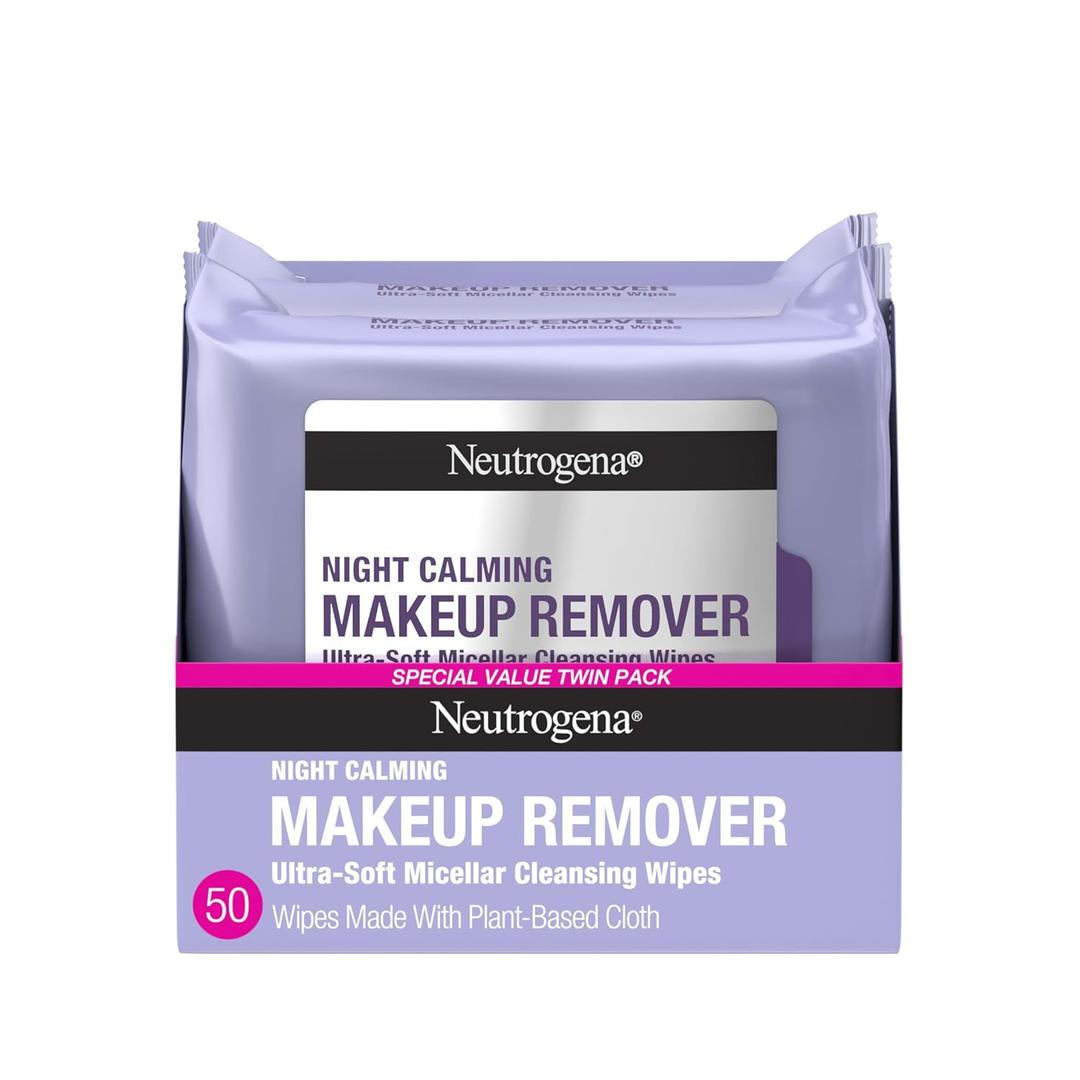 Neutrogena Night Calming Makeup Remover Face Wipes, Nighttime Cleansing Towelettes Remove Sweat, Dirt & Makeup & Calms Skin, Hypoallergenic, 100% Plant Based Cloth, Twin Pack, 2 x 25 ct