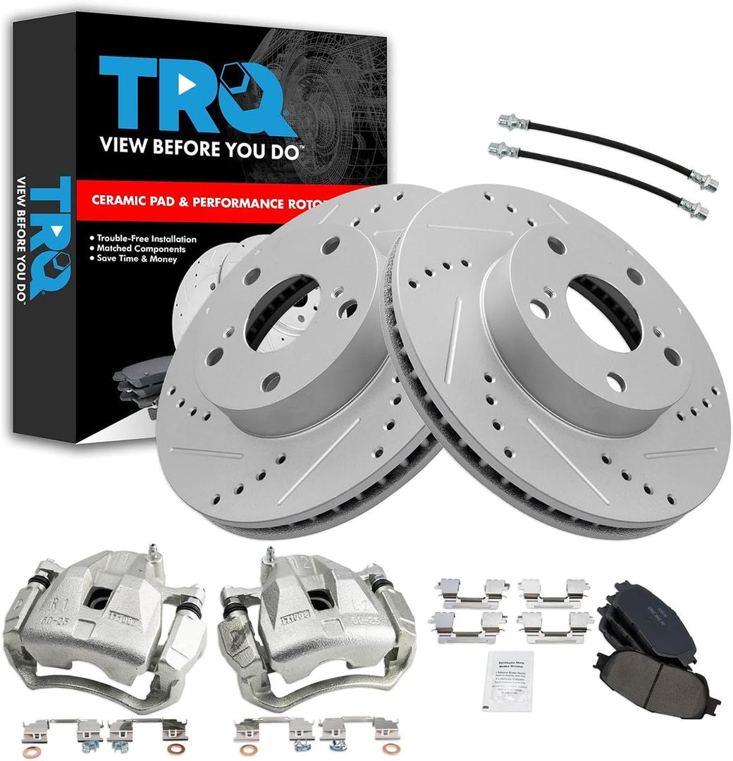 TRQ Front Brake Pad and Rotor Set Ceramic Slotted Drilled Calipers Hoses Compatible with 2005-2011 Toyota Tacoma