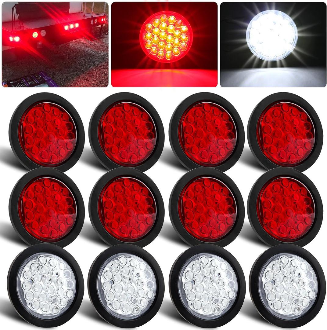 Partswcgg 12Pcs 4" Inch Round LED Trailer Tail Lights 24 LED Red Stop Turn Tail Lights Brake Trailer Lights White Backup Reverse Lights w/ 3-Prong Wire Pigtails Plug IP67 Waterproof 12V(8Red+4White)