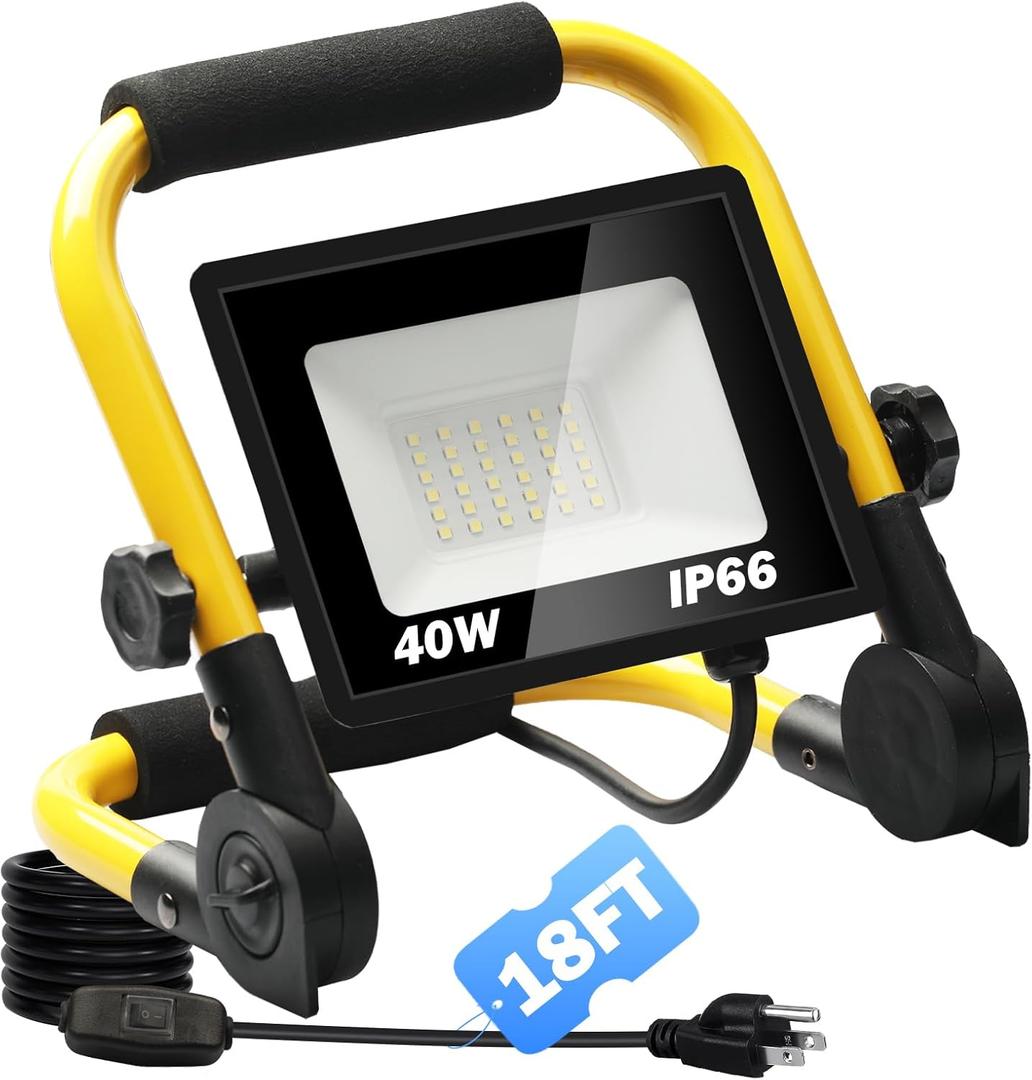 4800LM LED 40W Work Light, Portable Flood Light with 18FT Cord, IP66 Waterproof 5000K Worklight Floodlight for Outdoor, Job Site Workshop Garage Construction Site Lighting