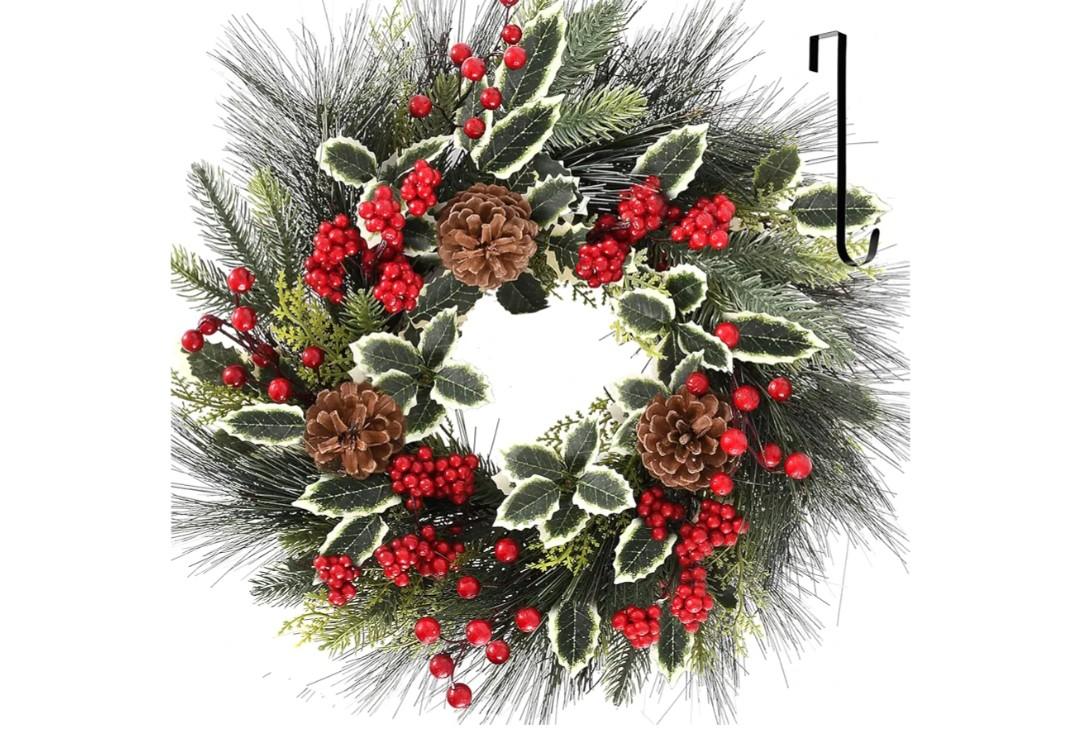 24 Inch Christmas Wreath, Xmas Wreath for Front Door with Hanger, Farmhouse Rattan Base Christmas Decor with Red Berry Pine Cone Spruce, Artificial Wreath Christmas Decorations for Indoor Outdoor Use